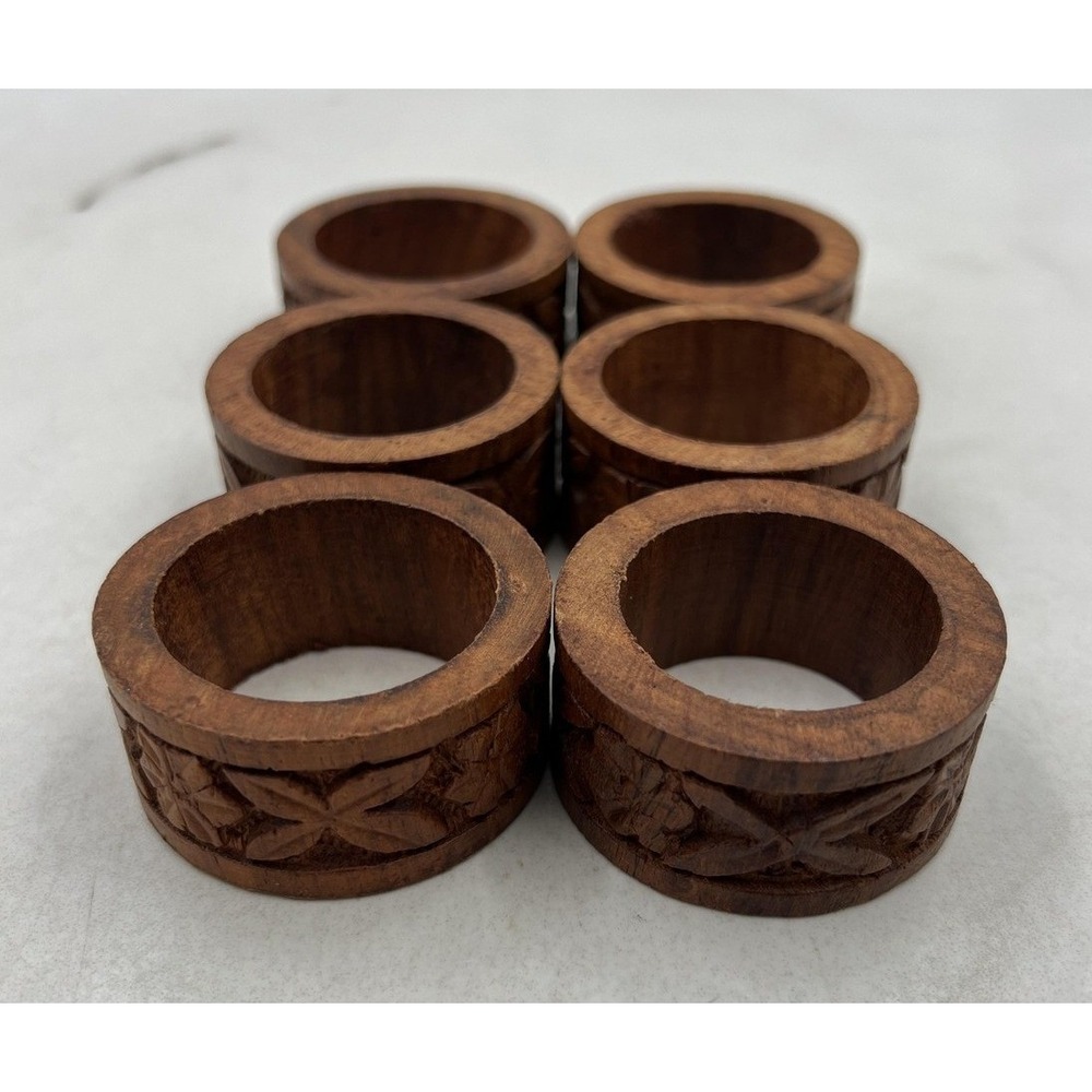 Vintage Hand Carved Wood Napkin Rings Set of 6 Floral Leaf Brown Boho Rustic